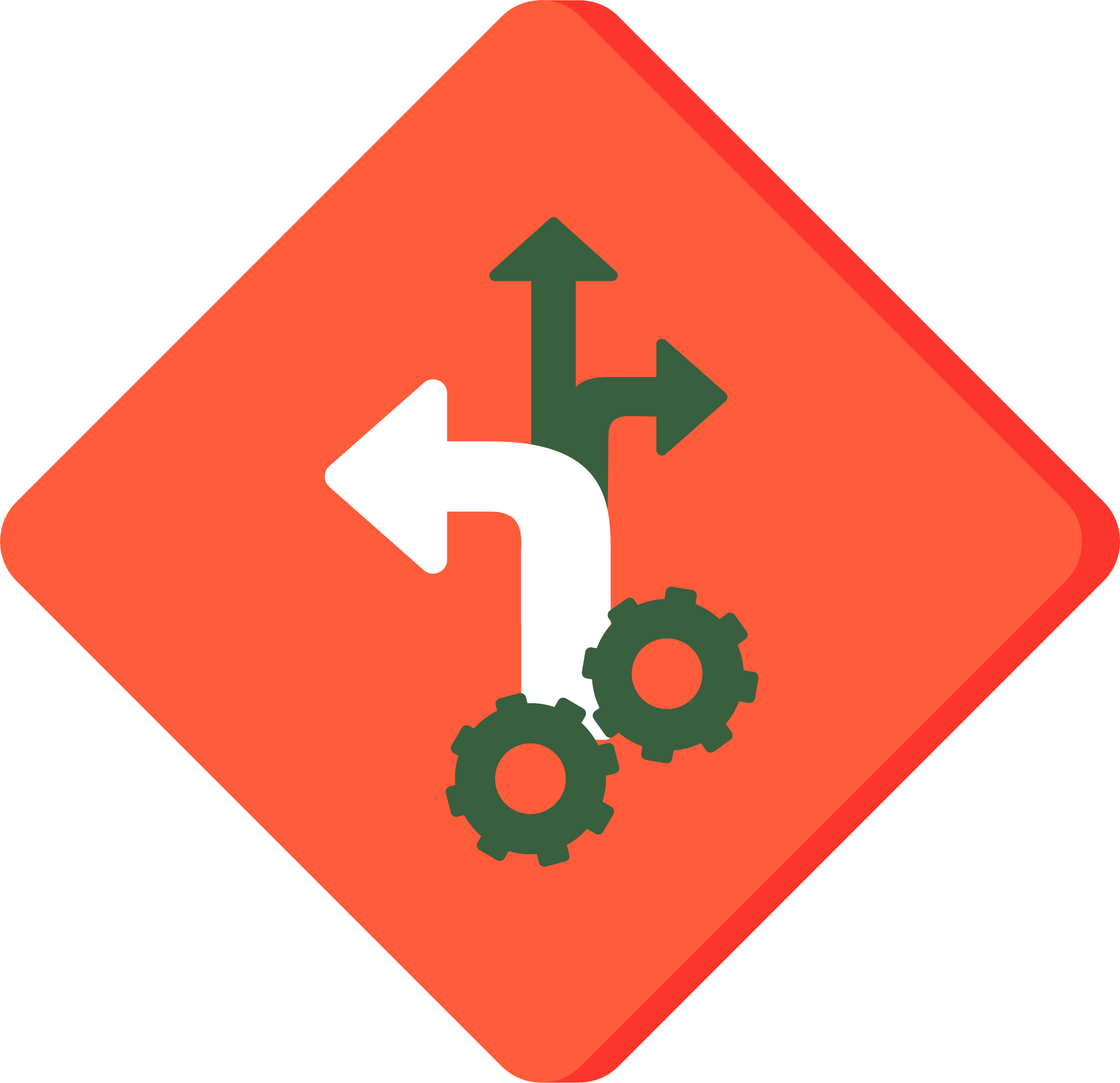 A red diamond shaped outline (like a warning sign) with two connected cogs that have two arrows coming out of the top of them.