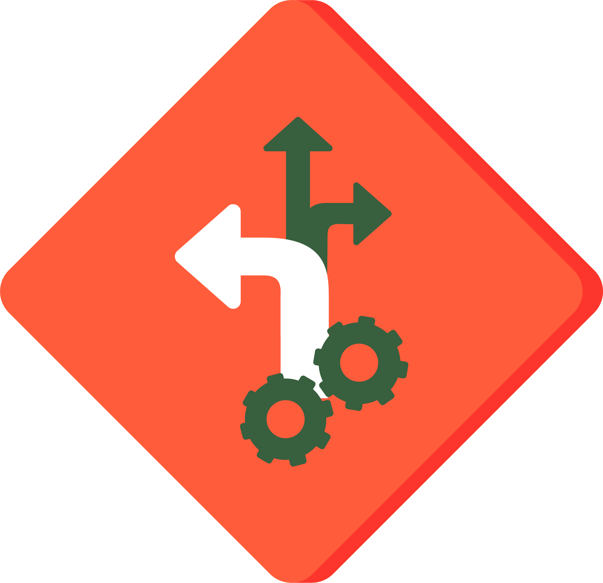 A red diamond shaped outline (like a warning sign) with two connected cogs that have arrows coming out of the top of them.