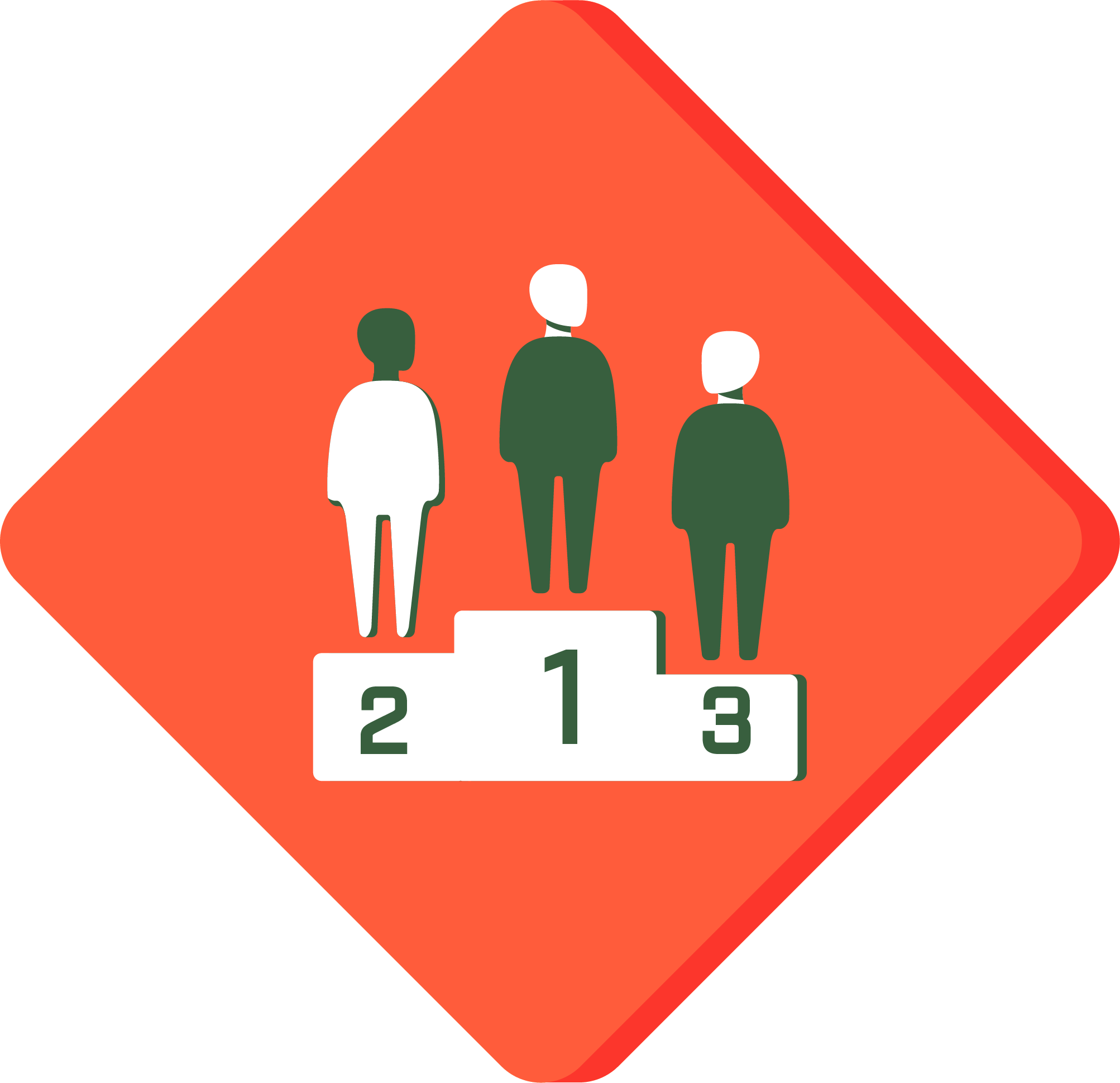 A red diamond shaped outline (like a warning sign) with three people standing on a podium of first, second and third place.