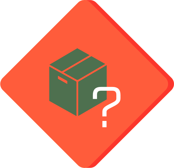A red diamond shaped outline (like a warning sign) with an image of a closed box and a question mark next to it.