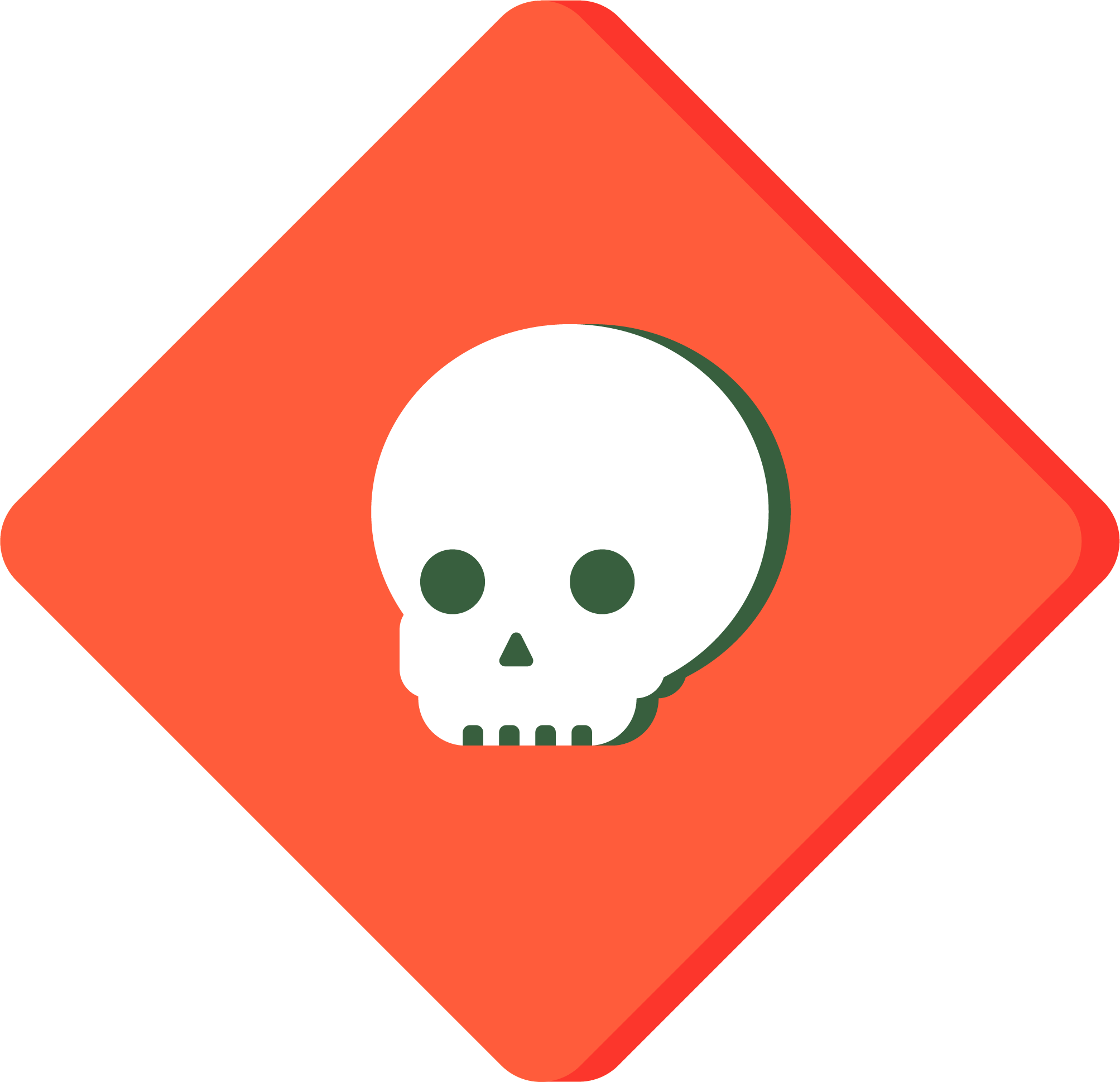 A red diamond shaped outline (like a warning sign) with a skull in the middle.