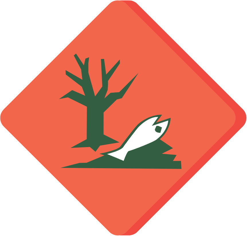 A red diamond shaped outline (like a warning sign) with a dead fish in a stream next a bare tree.