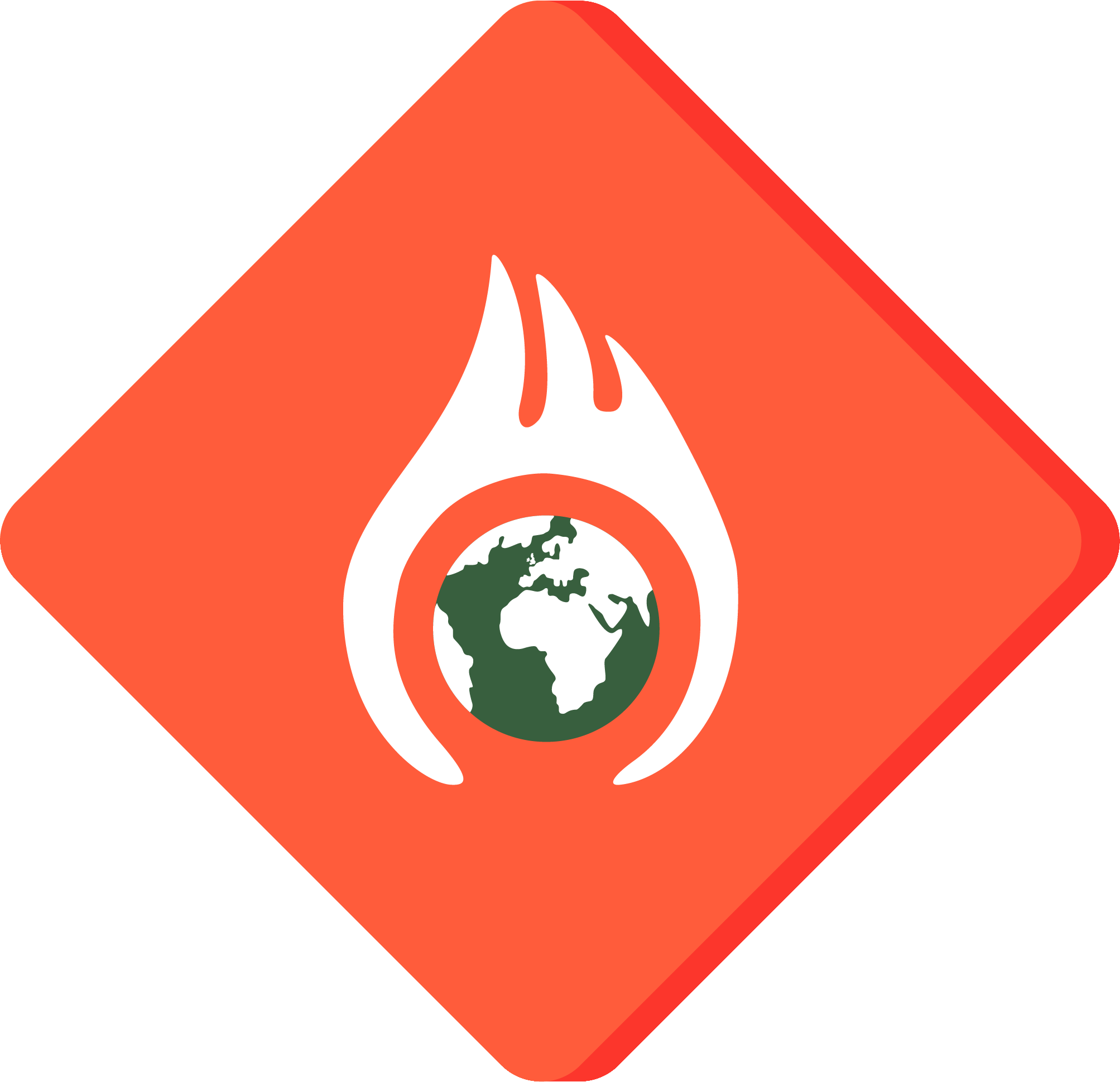 A red diamond shaped outline (like a warning sign) with an image of a globe on fire in the middle.