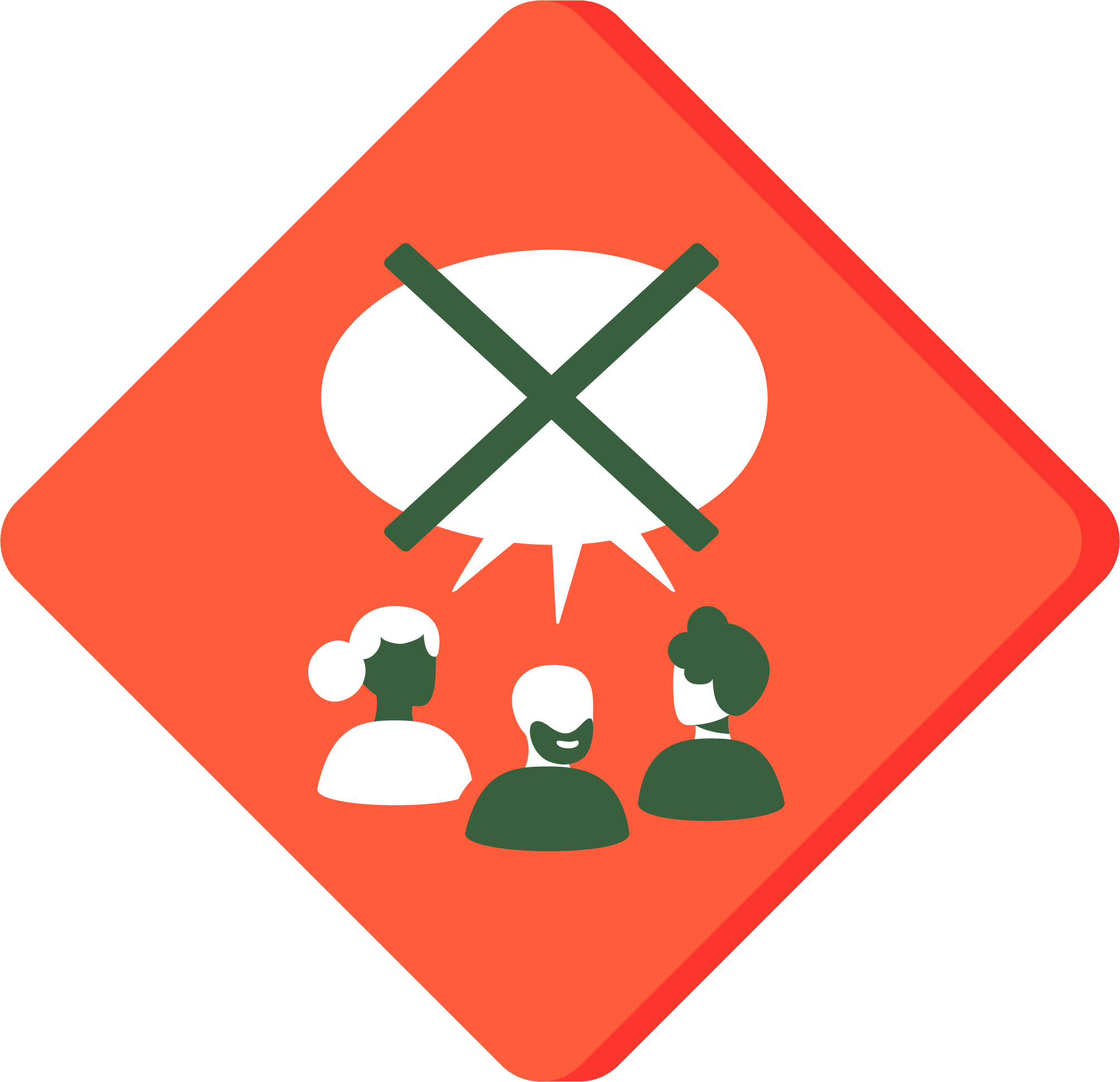 A red diamond shaped outline (like a warning sign) with figures in the middle who have empty speech bubbles above their heads.