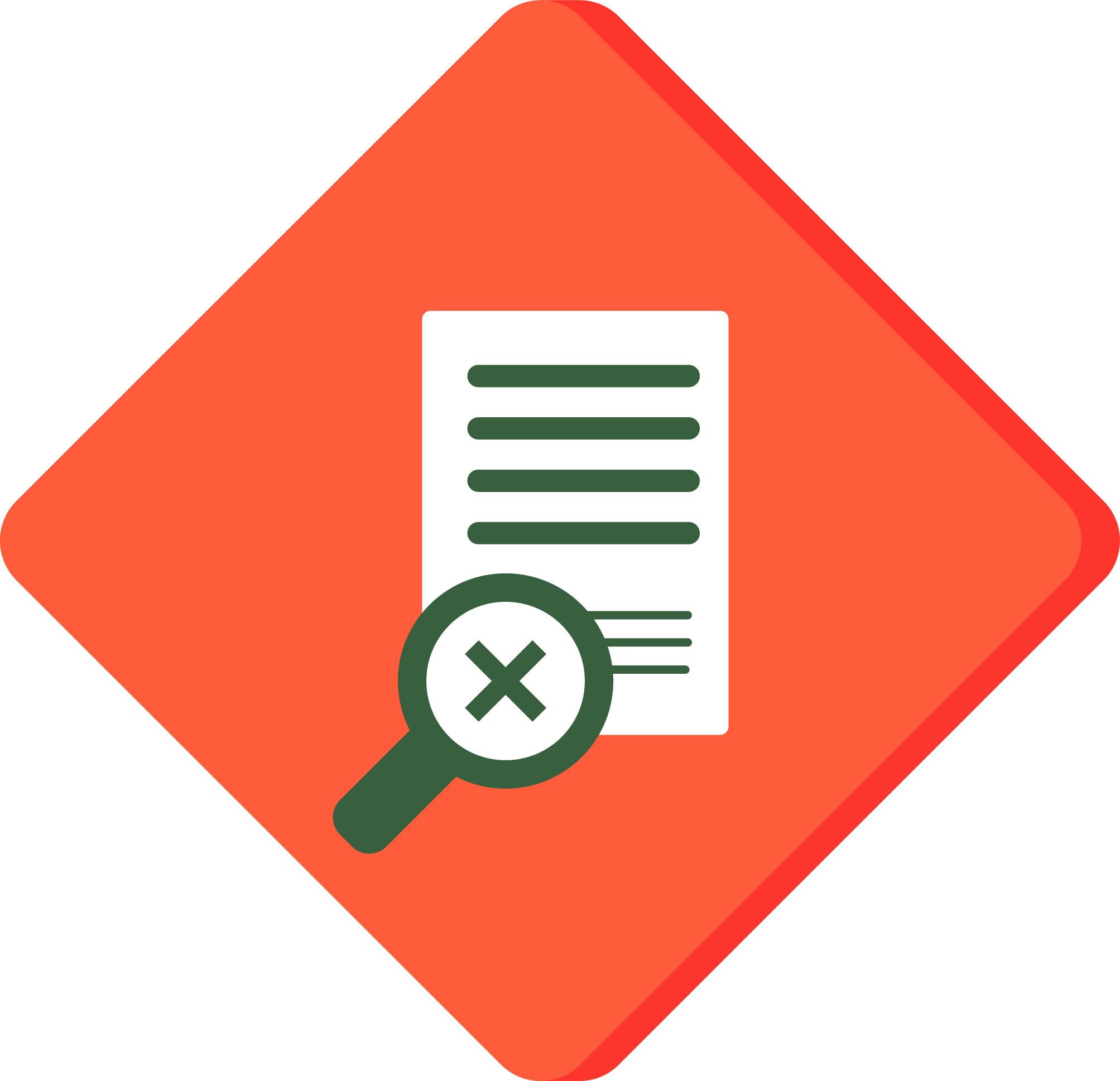 A red diamond shaped outline (like a warning sign) containing a magnifying glass hovering over a cross on a piece of paper.