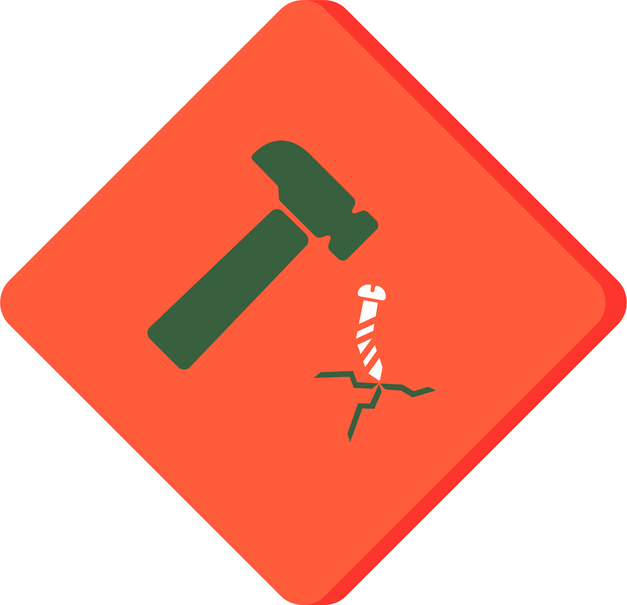 A red diamond shaped outline (like a warning sign) with a hammer raised above a screw in the middle.