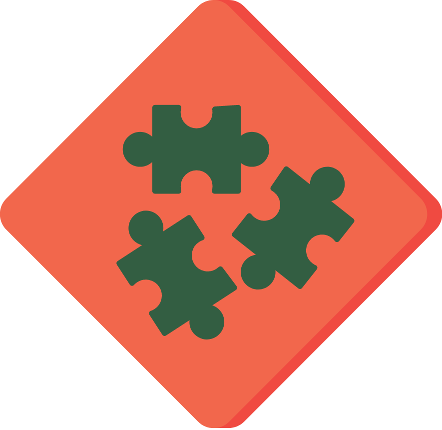 A red diamond shaped outline (like a warning sign) containing three puzzle pieces that are not connected together.